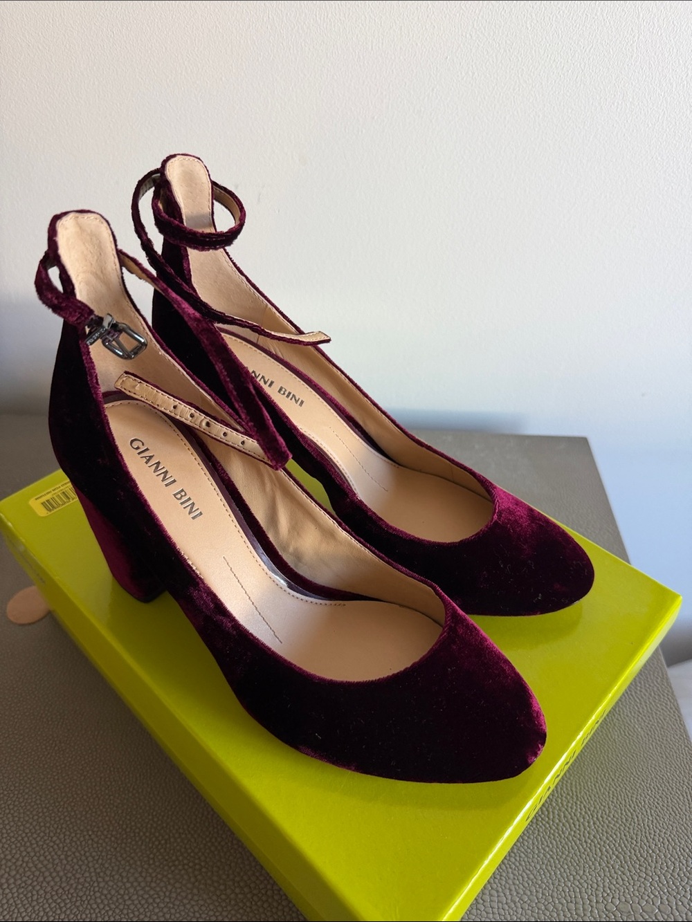Gianni Bini Plum Velvet Ankle-Strap Block Heels